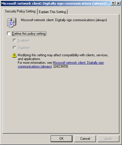 Microsoft 網路伺服器視窗的螢幕快照，其中已清除 [定義此原則設定] 複選框。