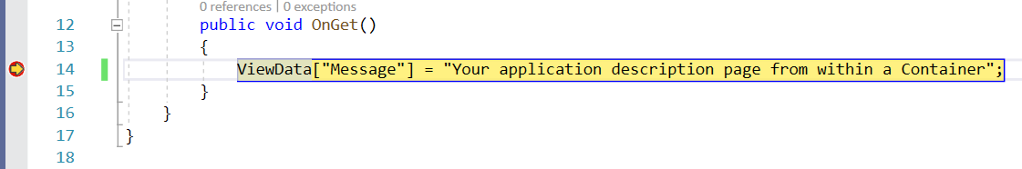 顯示 Visual Studio 中 Index.cshtml.cs 部分程式碼的螢幕擷取畫面，其中斷點設定為黃色醒目提示的程式碼行左側。