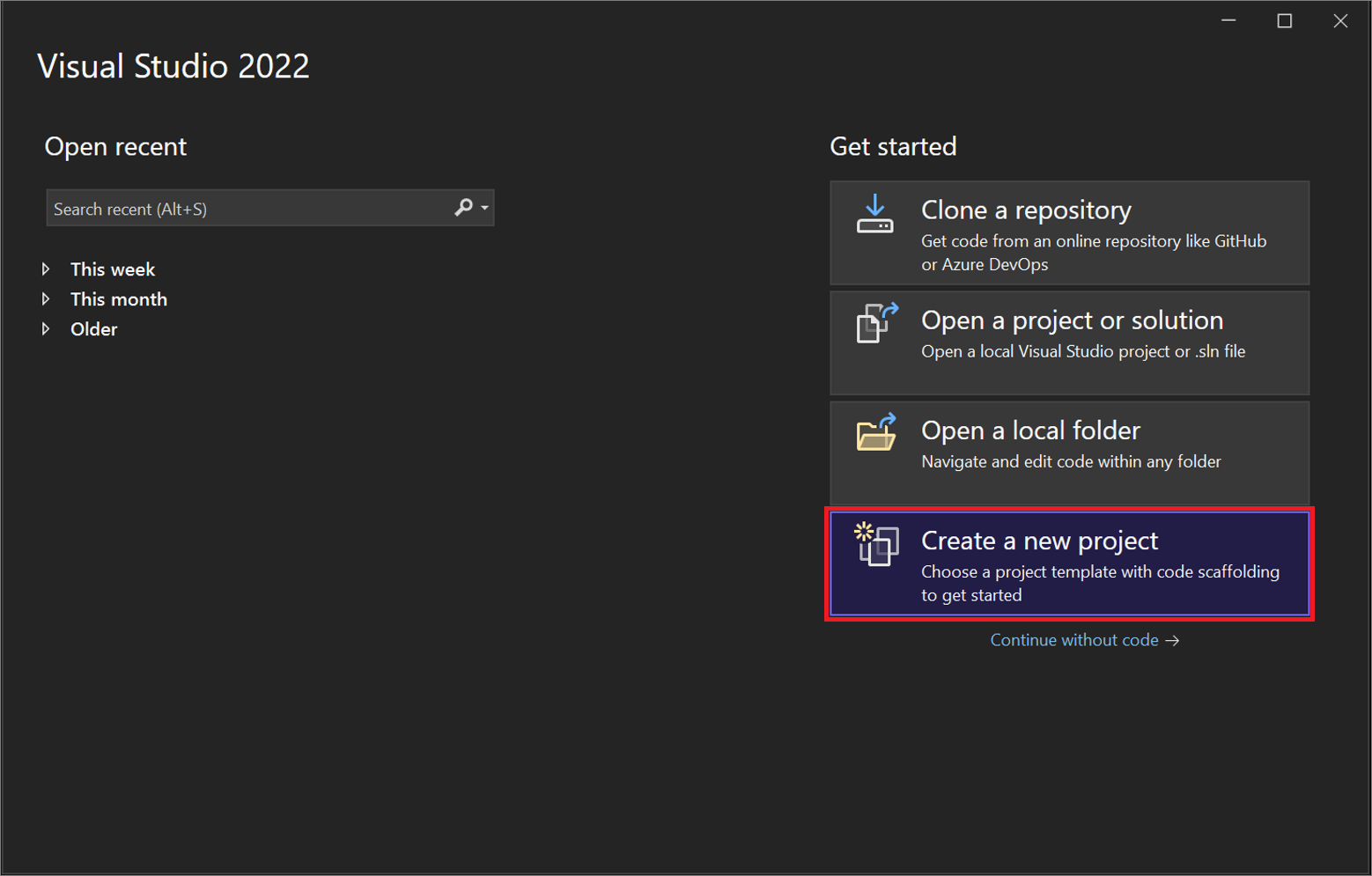 Screenshot of the start window in Visual Studio 2022 with the 'Create a new project' option highlighted.