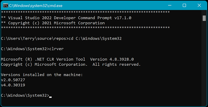 Screenshot of the Developer Command Prompt for Visual Studio 2022 that shows the clrver tool.