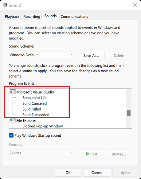 Windows 11 中 [音效] 對話方塊之 [音效] 索引標籤的螢幕擷取畫面。