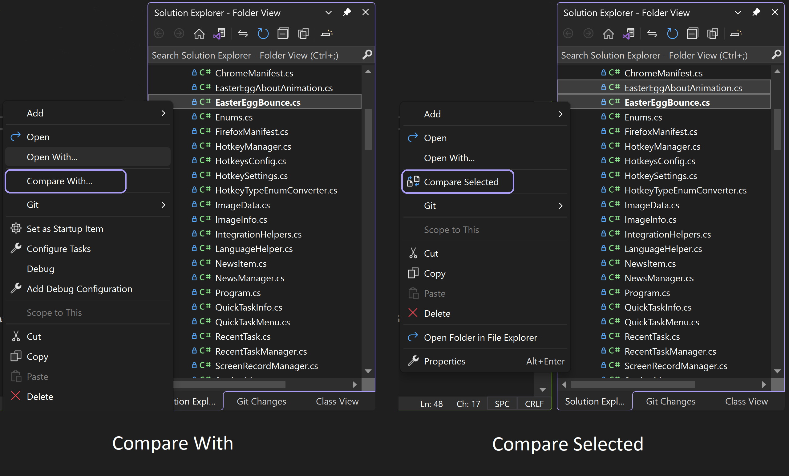 Compare Selected in the Context Menu
