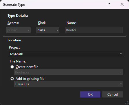 Generate Type dialog box in Visual Studio 2019