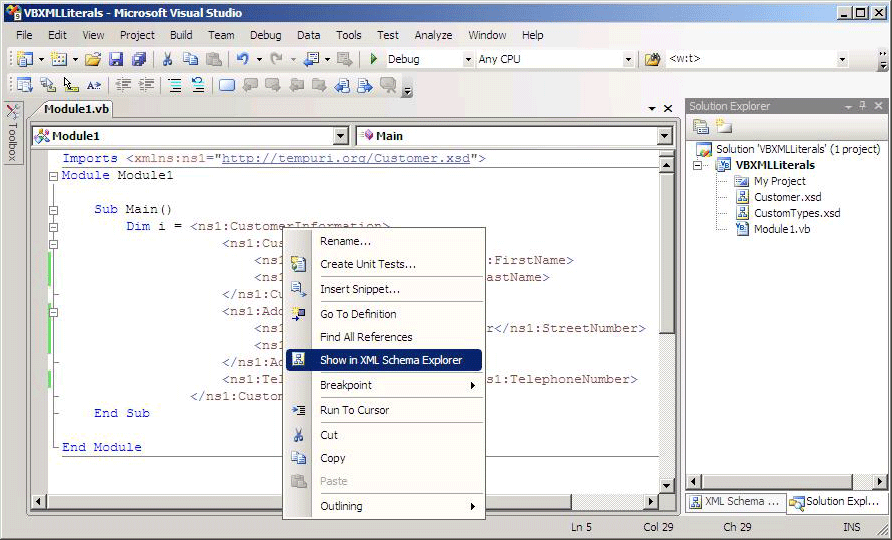 Screenshot of a Visual Basic project window showing a context menu over an XML node with the Shot in Schema Explorer command highlighted.