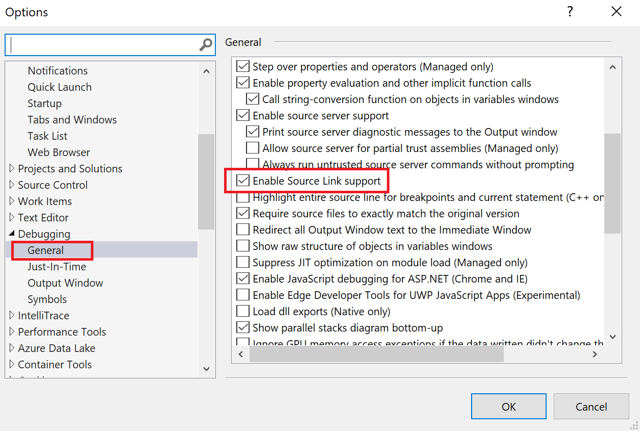 顯示如何在 Visual Studio 中啟用來源連結支援的螢幕快照。