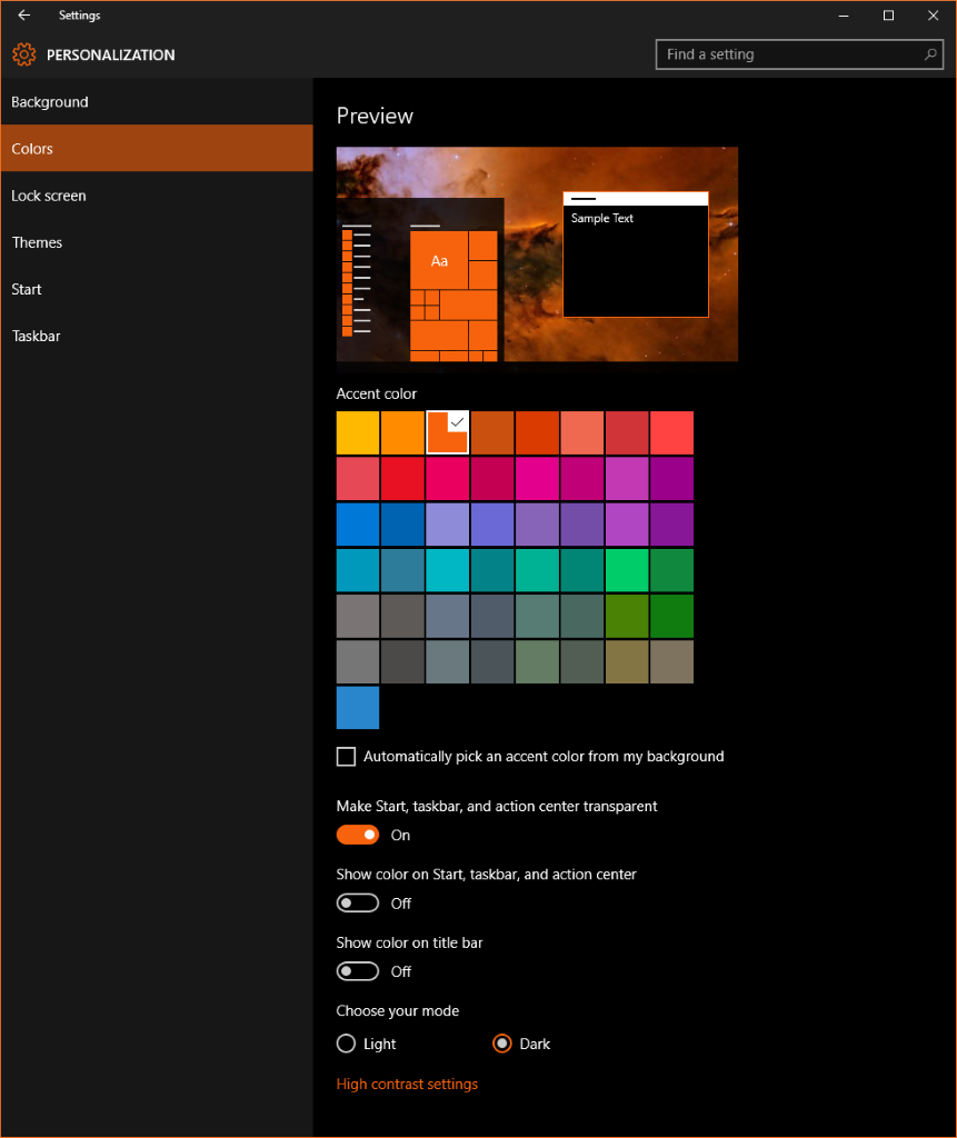 [Windows 設定]、[個人化] 區域的螢幕擷取畫面，其中客戶選取橙色輔色