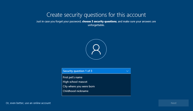 Create security questions screen in OOBE