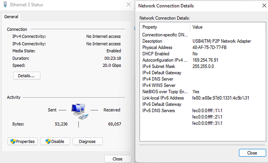 顯示 USB4 網路連線 IP 位址的螢幕擷取畫面。
