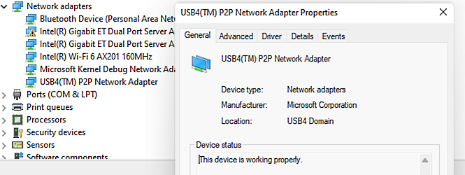 Windows 裝置管理員中 USB4 P2P 網路介面卡屬性的螢幕擷取畫面。