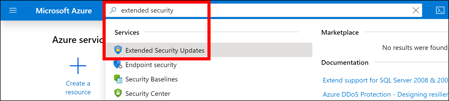 Search for Extended Security Updates in the Azure Portal