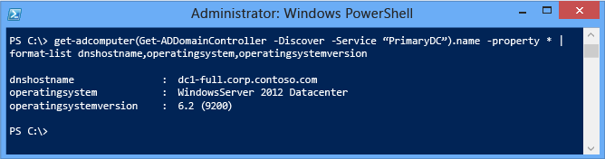 Screenshot of a terminal window that demonstrates specifying the domain name and filtering the returned properties before the Windows PowerShell pipeline.