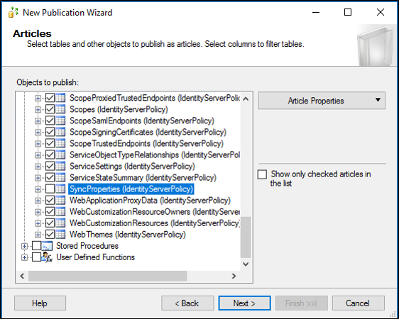 Screenshot that shows where to clear the SyncProperties (IdentityServerPolicy) check box.