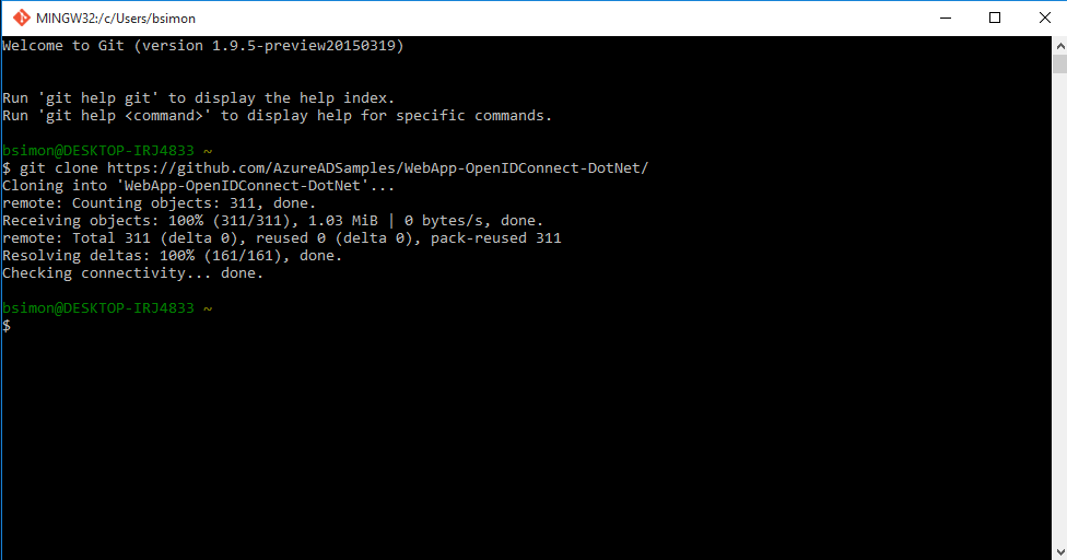 Screenshot of the Git Bash window showing the results of the git clone command.