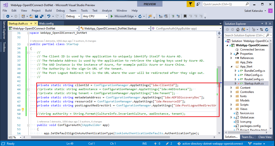 Screenshot of the Start up Auth file showing the commented out lines of code.