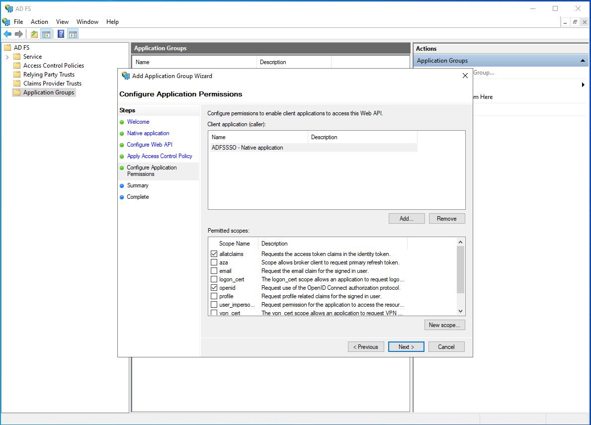 Screenshot of the Configure Application Permissions page of the Add Application Group Wizard.
