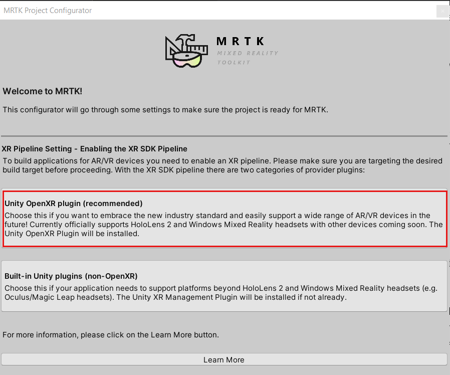 Screenshot of MRTK project configurator window with OpenXR selected.