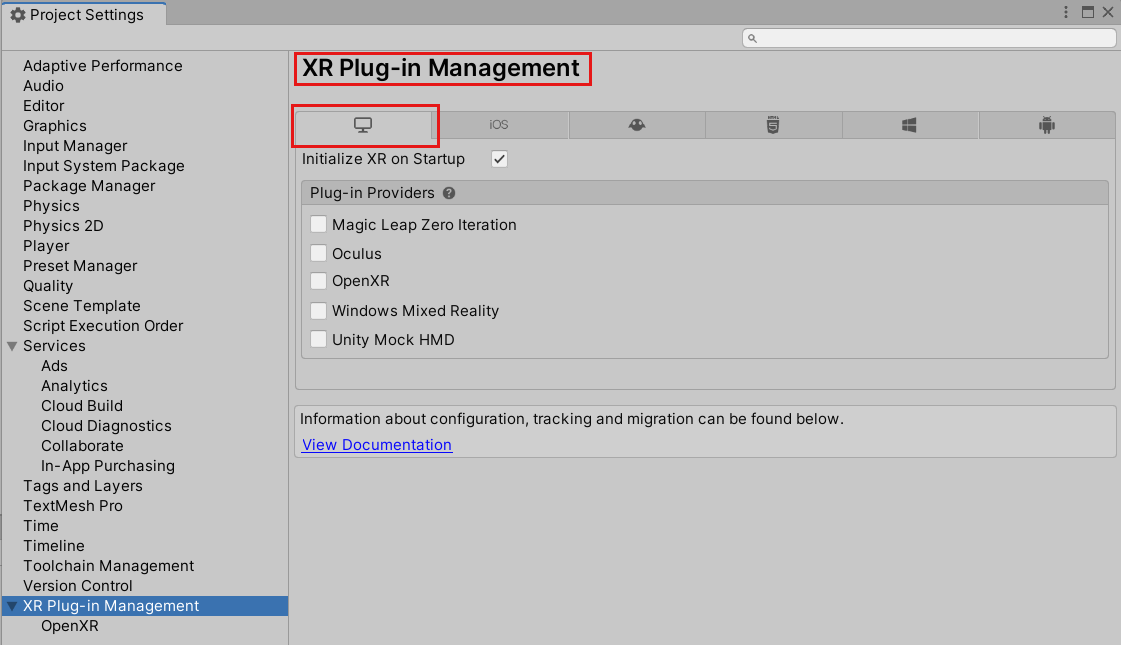 Screenshot of the Project Settings Window open to the XR Plugin Management Page and PC, Mac & Linux Standalone tab.