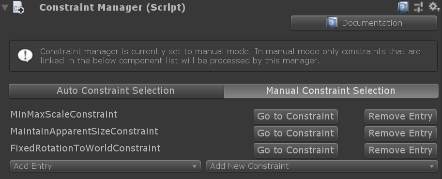 Inspector view showing manual constraint manager selection