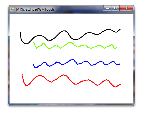 螢幕擷取畫面，以 c sharp 顯示 Windows 觸控臨時板範例，畫面上具有黑色、綠色、藍色和紅色波浪線