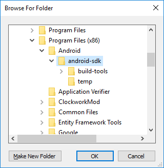 Screenshot of the Windows Browse For Folder dialog locating android sdk