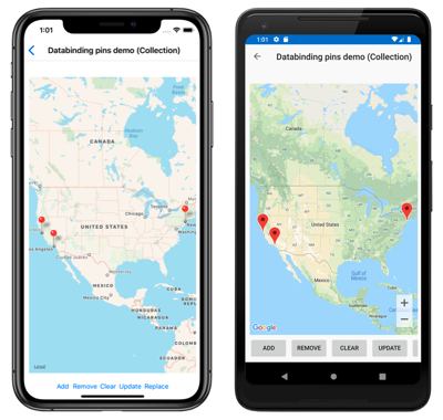 Screenshot of map with data bound pins, on iOS and Android